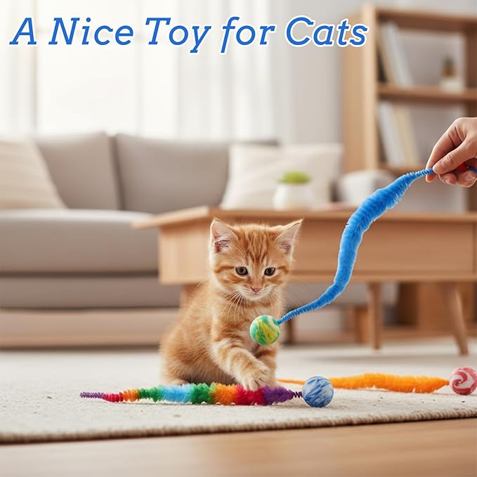 Skrfren 5 pcs Interactive Cat Worm Toys Balls, Bouncy Balls for Cats Colorful Bouncy Ball with Fuzzy Tails Rainbow Worm Cat Toy for Cats Pet Party Favors, Promotes Active Play