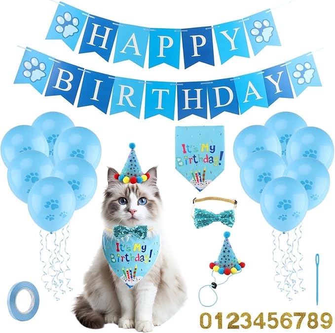 Cat Birthday Decorations Set - Cute Birthday Outfit with Hat, Bandana, Bow Tie, Balloons & Number Stickers for Kittens/Cats Party Photo Props & Festive Supplies