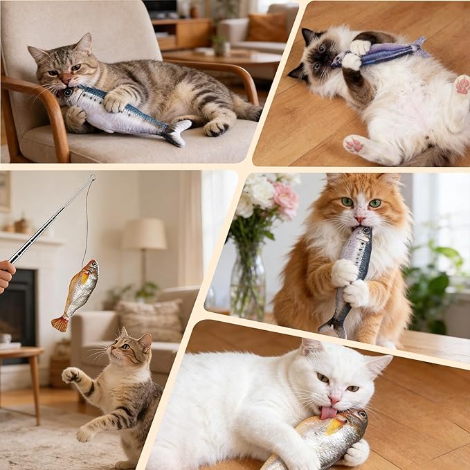 BABORUI Cat Toys Interactive, Mini Realistic Electric Floppy Fish Cat Toy, Cats Fishing Pole Toy with Elastic String for Bored Indoor Adult Cats