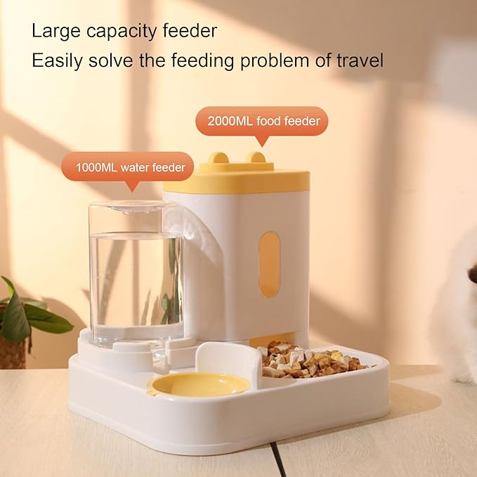 2 in 1 Automatic Cat Feeder and Water Dispenser, Large Capacity Self Feeding Dog Food Dispenser Gravity Food Bowl with 1l Water Tank for Multiple Pets (Yellow)