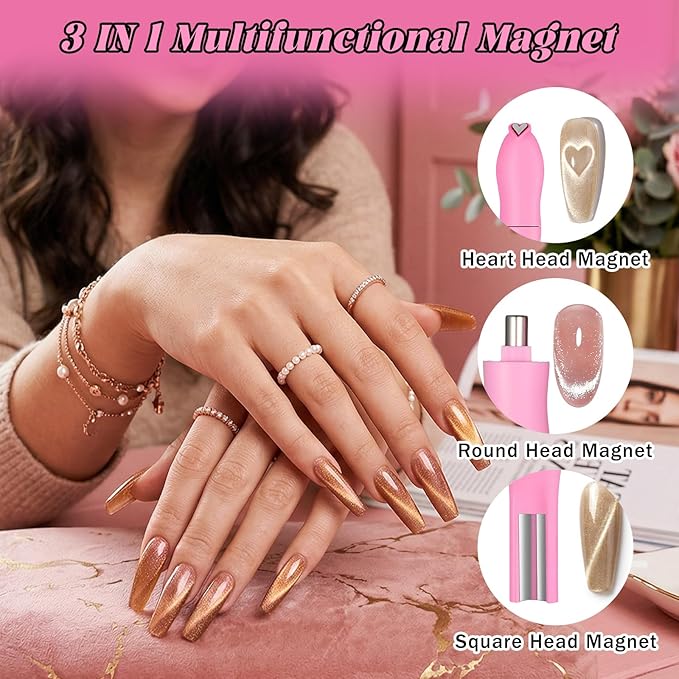 2Pcs 3 in 1 Cat Eye Nail Magnet, Double-Ended Multifunctional Nail Magnet Stick with Round Magnetic Bead Heart Shaped NailMagnet Cat Eye Magnets Art Design for DIY, Studio or Salon
