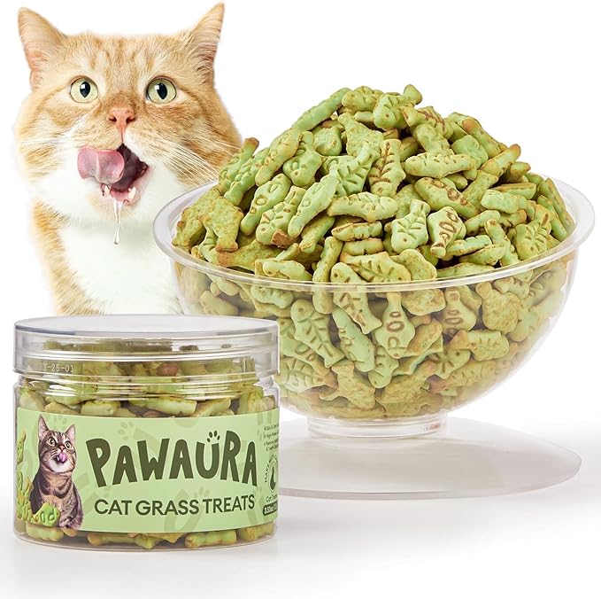 Cat Grass Treats, 3.53oz Natural Chicken & Catnip Biscuits + 3.53oz Natural Salmon & Catnip Biscuits, Cat Grass Treats for Hairball Control, Low-Calorie Healthy Snacks for Indoor Cats