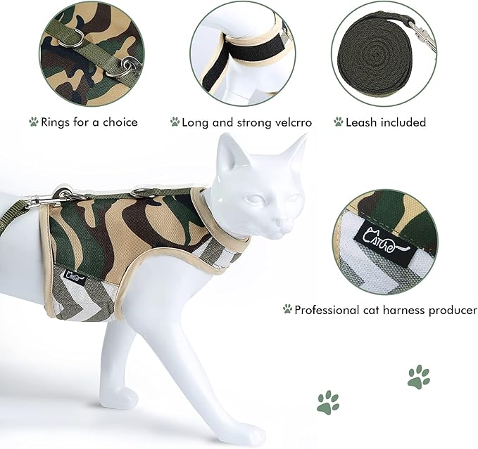 Cat Harness and Leash Set for Walking Escape Proof, Adjustable Cat Vest Harness, Padded Stylish Cat Walking Jackets, Camo Green, Small