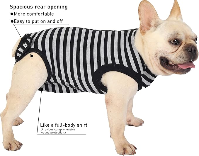 Dog Recovery Suit,Surgery Female Spay Shirt,Male Recovery Clothes,Zipper Closure Cotton Striped Wounds Protect Suit,Black Striped Large