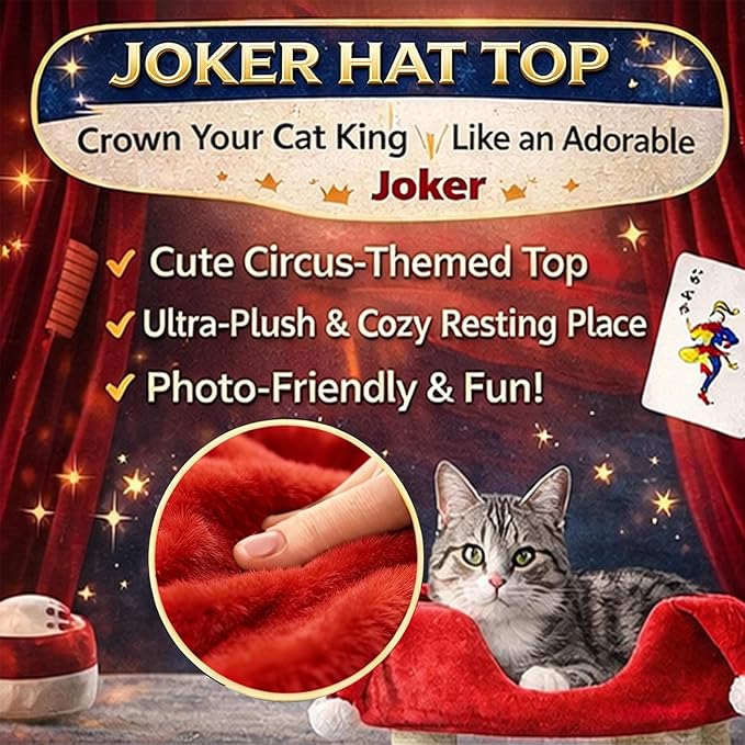 Circus Clown Cat Tree Tower, Multi-Level Cat Condo with Plush Platforms & Scratching Posts, Cute Circus Theme Cat Furniture for Indoor Cats (red)