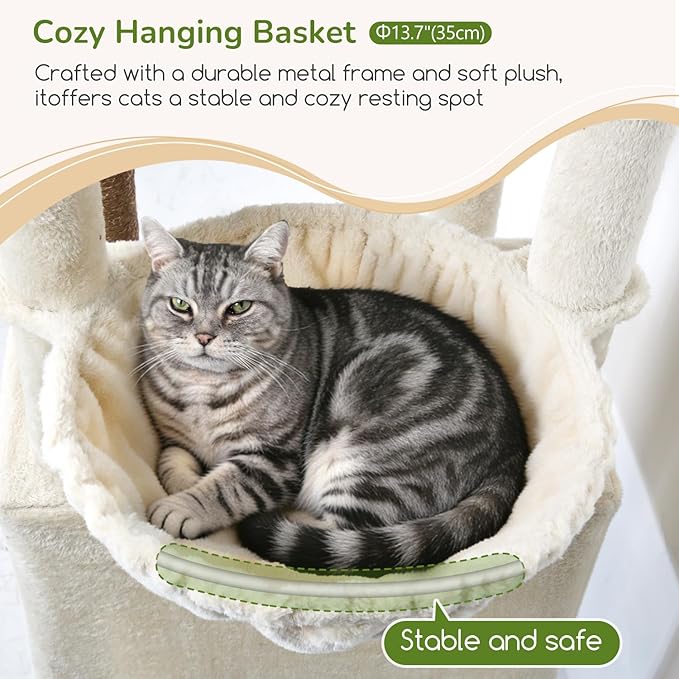 Globlazer 74in Heavy Duty Cat Tree for Large Indoor Cats, Multi-Level Cat Tower with Scratching Post, Cat Condos with Climbing Ladder, Hammock, Extra Large Top Perches, Pet Bed, F74D, Beige