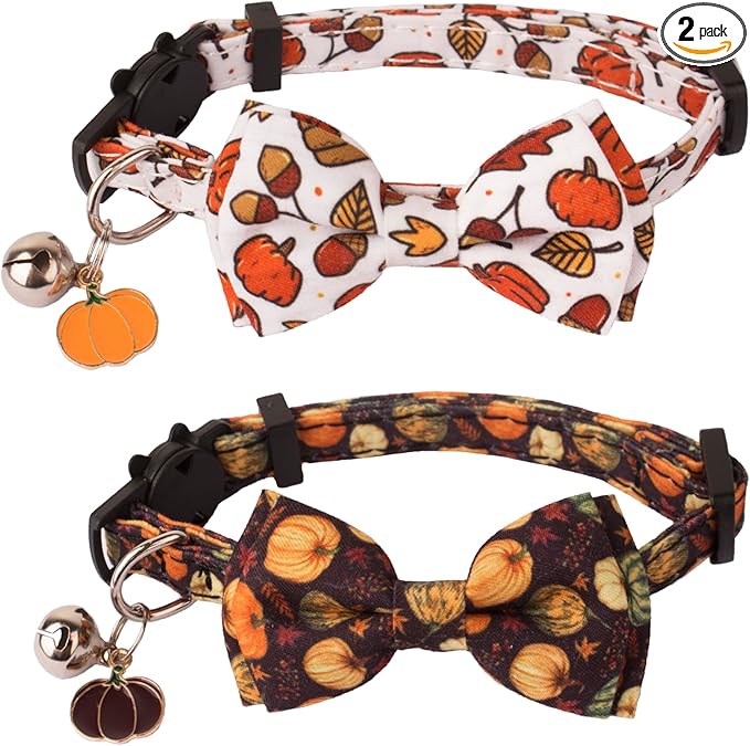 ADOGGYGO Thanksgiving Cat Collar Breakaway with Removable Bowtie Bell - 2 Pack Fall Pumpkin Kitten Bow Collar Thanksgiving Bowtie Collars for Cats Kittens