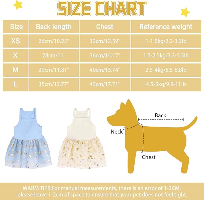 Dog Tutu Dress Cat Dogs Summer Tulle Slip Lace Dress Cute Puppy Glitter Star Skirt Pet Party Clothes for Small Medium Cat Dog (Yellow, Large)