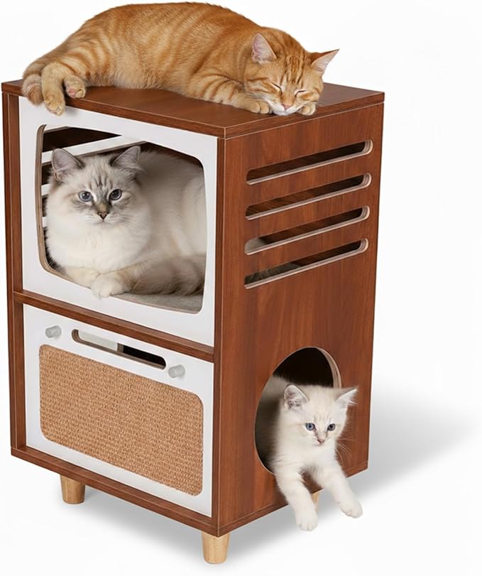 Generic Wood Bedside Table with Scratching Board 2 in 1 Play House End Table Retro TV-Style Two-Tier Indoor Cat Activity Center Vintage TV Shaped Cat Furniture for Indoor Use Cats Beds