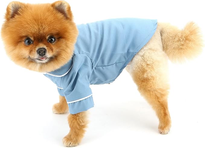 SMALLLEE_LUCKY_STORE Dog Pajamas for Small Medium Dogs Cats Soft Pet Sleepwear Shirts Comfortable Lapel Pjs Loungewear Clothes Bulldog Chihuahua Yorkie Two-Legged Outfit, Blue, XS