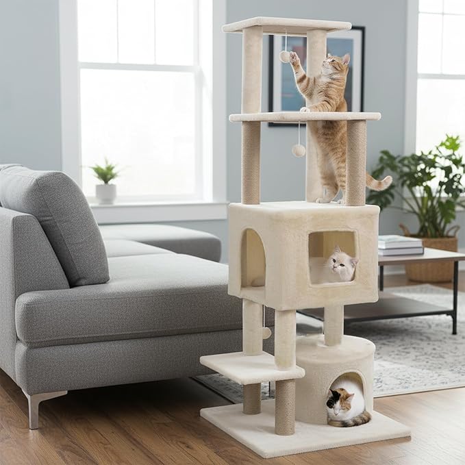 Tangkula 64 Inch Tall Cat Tree, Multi-Level Cat Tower with 2 Large Condos, Jute Scratching Posts, Plush Top Perch, Dangling Toys, Cat Climbing Furniture for Indoor Adult Cats & Kittens (Beige)