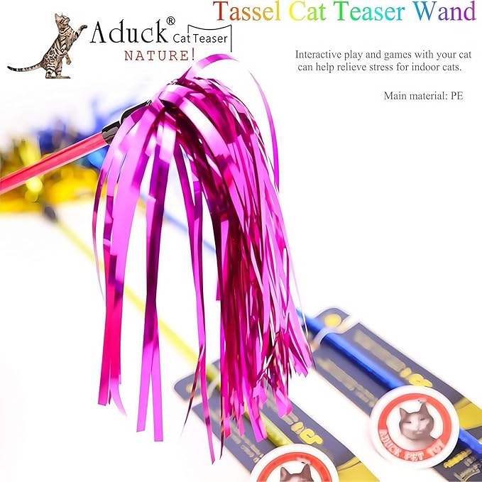 ADUCK Interactive Cat Wand Toy for Indoor Cats, 22-Inch Tassel Teaser Kitten Toy for Exercise and Play, Durable PE Wand Chaser Without Loose Parts (1 Pack, Random Color)