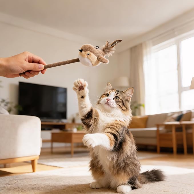 Interactive Cat Toy for Indoor Cats, Chirping Bird Cat Toy with Green Turf Base, Flying Bird Cat Toy with Real Bird Sound and Feather Tail, Cats Exercise & Kicker to Self Play