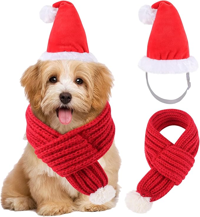 QKURT Pet Christmas Hat and Scarf Set, Dog 3D Santa Hat Adjustable Knitted Scarf Holiday Outfit Costumes for Small Medium Large Dogs Cats Pets