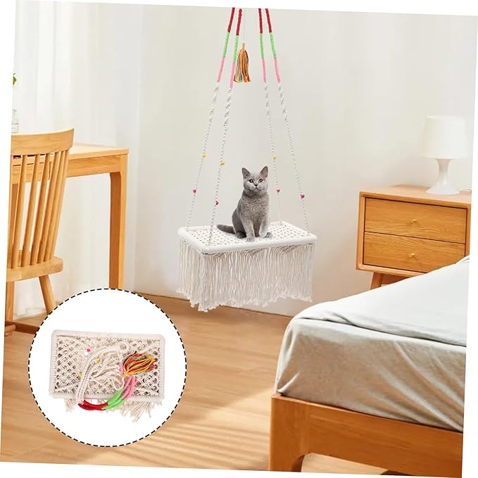 Yardwe Bohemia Style Hanging Cat Bed Macrame Hammock Rope Swing for Indoor Cats Wear Resistant Cozy Resting Nest Kitten Swing Pet Furniture