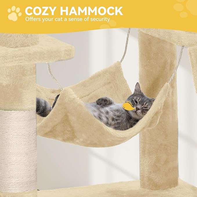 DWVO 190.5 cm Tall Heavy Duty Cat Trees for Large Cats, 75inch Maine Coon Tower for Indoor Large Adult with Snug Hammock, Climbing Ladder, and Plush Balls Adult Cats,Beige