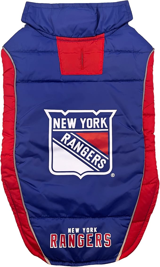 Pets First NHL New York Rangers Puffer Vest for Dogs & Cats, Size Large. Warm, Cozy, and Waterproof Dog Coat, for Small and Large Dogs/Cats. Best NHL Licensed PET Warming Sports Jacket
