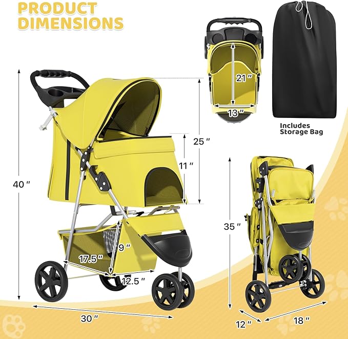 Magshion 3-Wheel Pet Stroller, Foldable Travel Jogger for Small & Medium Dogs & Cats (Up to 33lbs), Lightweight Carrier with Breathable Mesh Cover, Cup Holder & Storage Basket, Yellow