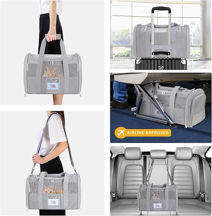Airline Approved Cat Carrier Soft-Sided Pet Travel Carrier for Cats and Small Dogs up to 15lbs, TSA Approved Under Seat Carrier with Collapsible Bowl, Grey