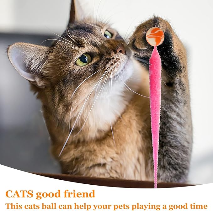 Mixed Bouncy Ball with Tail Cat Toys,5 Packs Rainbow Magic Worm with Ball Toy for Cats,Colorful Fuzzy Worm Bouncy Balls Cat Toy