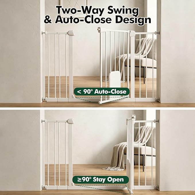 Metal Pet Gate with Cat Door, Adjustable Dog Gate for Doorways & Stairs, Pressure Mounted, Auto-Close, No Tools Needed, 31-46 Inches, White
