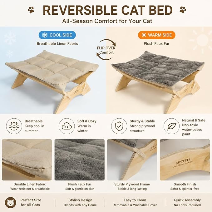 JSPYFITS Elevated Cat Bed Hammock, Raised Orthopedic Dog Bed with Dual-Sided Plush & Linen Cushion, Modern Cat Furniture for Medium to Large Cats, Easy Assembly(Gray)