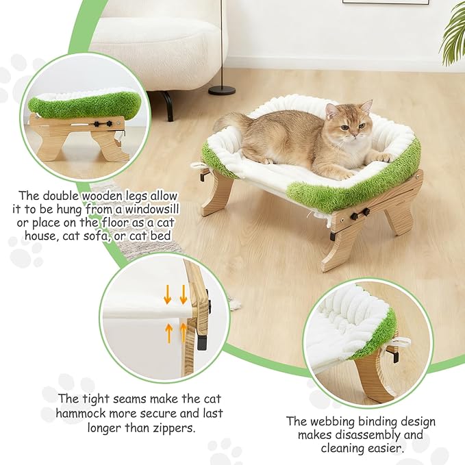 Woochpet cat Window Perch for Indoor Cats Large Window Hammock with Washable Cover Suitable for All Seasons cat Window Bed for Adults Cats and Kittens(White and Green)