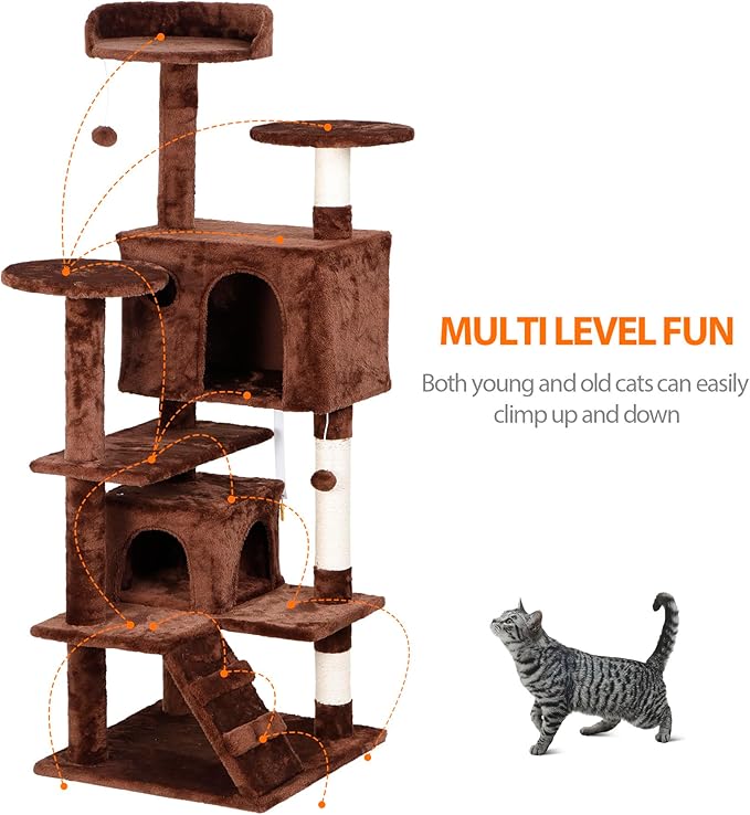 52” Multi-Level Cat Tree Condo Furniture Kitten Activity Play House Bed Pet Kitty Climbing Tower with Scratching Posts/Plush Perch/Scratcher Ladder/Tunnel for Cats,Kittens,Pets (Brown)