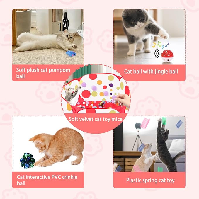 Cat Ball Pit for Cats, Include 226 Pcs Interactive Cat Toy for Indoor Kittens, Cat Enrichment Toys for Bored Indoor Cats Self Play Kitty Toys Bundle Pack Entertainment (Red)