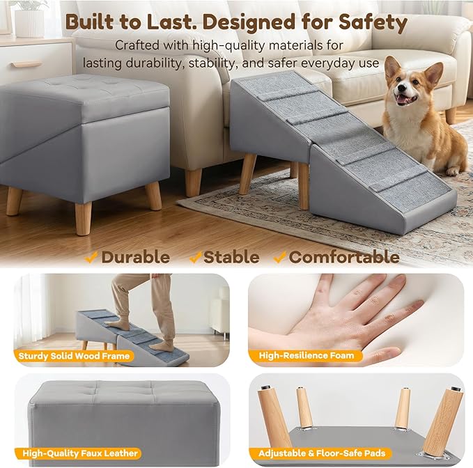Dog Ramp for Small Dogs, 18.5" Extra Wide 3-in-1 Dog Stair with Foldable Ottoman & Hidden Storage Design, 15.7" H Safer Leather Pet Steps for Couch Sofa Bed (Grey)