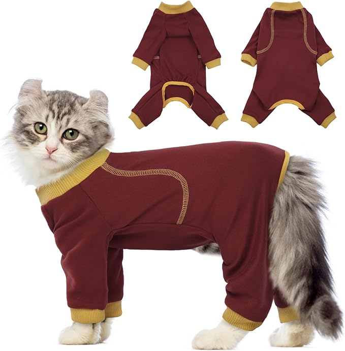 QBLEEV Sticky Hair Cat Clothes, Soft Cat Pajamas for Cats Only, Prevent Lost Fur Kitten Sweater Onesie, Stretchy Recovery Suit for Female Male Cats After Surgery Daily Wear, Burgundy, S