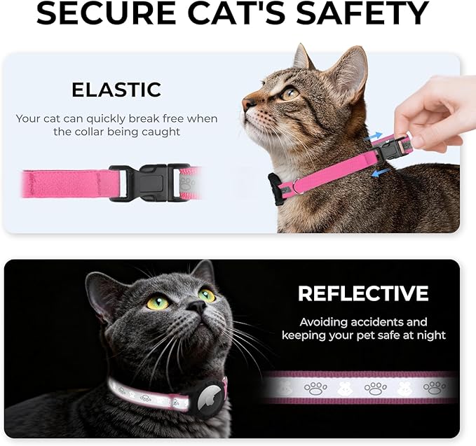 Breakaway AirTag Cat Collar, Reflective Cat Tracker Collar with Air Tag Holder and Bell, Safety Elastic Band Cat GPS Collars for Girl Boy Cats, Kittens and Puppies (Hotpink, 8-13'')
