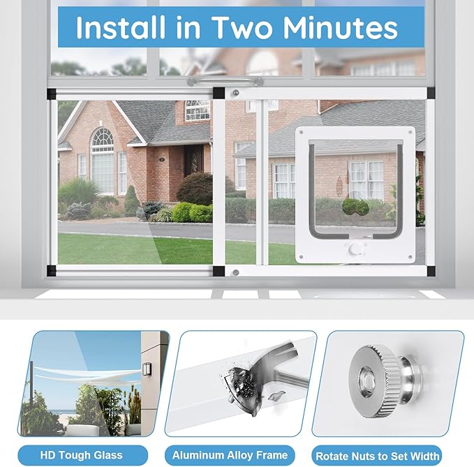 Sliding Cat Door for Window, Fits 32"-37" Width Window, 1-Min Install | Aluminum Frame + HD Glass | Weatherproof Design | Magnetic Closure Window Cat Door Insert, Adjustable Pet Door Window for Cats