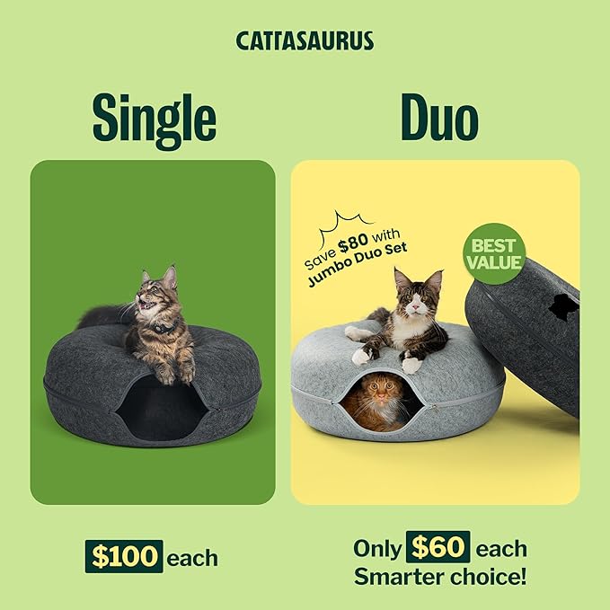 Cattasaurus Peekaboo Cat Cave Duo Jumbo Set, Extra Spacious Cat Donut for Multiple & Large Kitty 15+ lbs, Scratch Detachable Cat Beds for Indoor Cats, Washable Cat Tunnel Bed, Best Kitten Toys