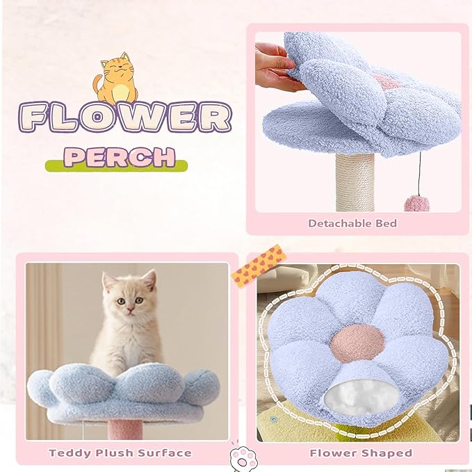 Flower Cat Tree 56 Inches，Large Cat Tower with Detachable Flower Cushions and Hiding Condo, Blue and Pink Cat Tree with Hammock Bed, Interactive Toys and Scratching Posts for Indoor Cats