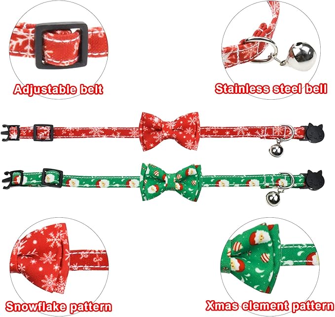 Malier 2 Pack Christmas Cat Collars Breakaway with Bow Tie and Bell, Classic Buffalo Plaid Kitten Collar with Cat Bow Tie Cat Collar for Cats Kitty Kitten Cat Stocking (Christmas)