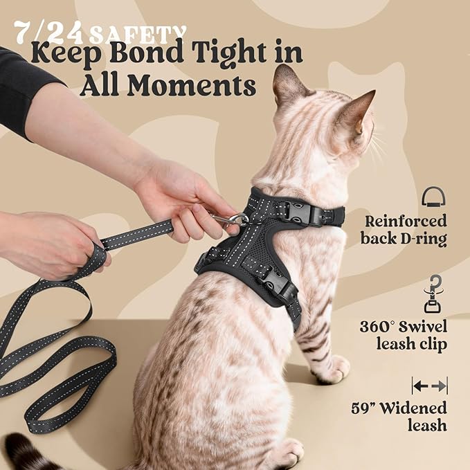 rabbitgoo Cat Harness and Leash, Escape Proof Vest with 3 Adjustable Buckles, Soft Comfortable Kitten Harness, Easy to Wear, Reflective for Safe Outdoor Walking, XS, Black