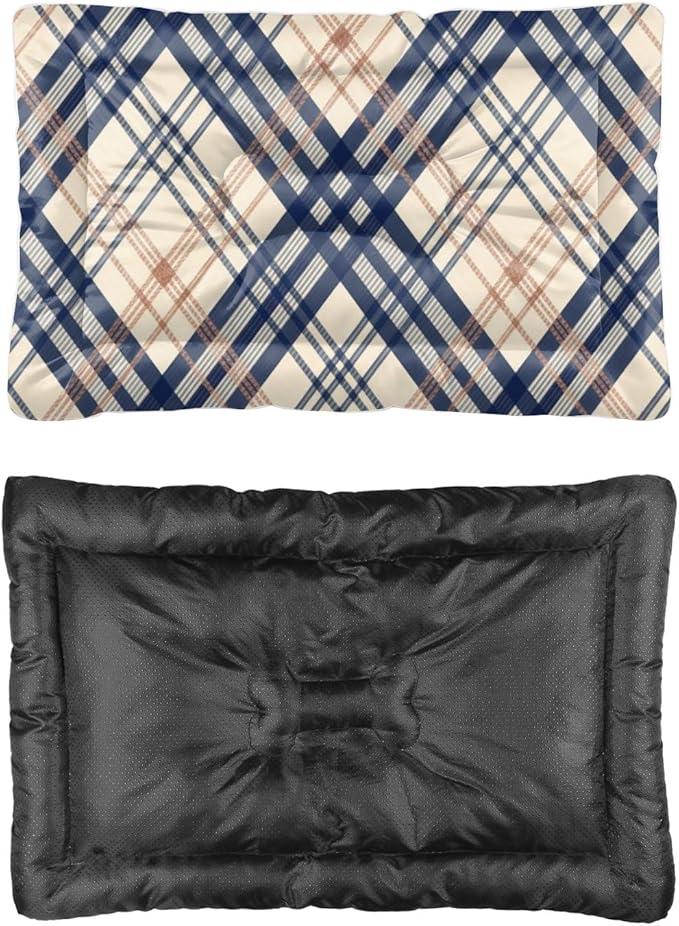 Cream Blue Plaid Dog Bed Pad Non Slip Bottom Waterproof Kennel Pad Cozy Soft Dog Bed Mat for Couches Furniture for Dogs Printed Cat Mats Gift Pet Friendly 36× 24 Inch Indoor Outdoor