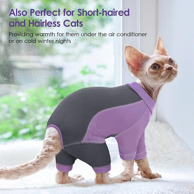Hair Sticky Cat Clothes, Cat Sweater for Cats Only, 4-Legged Fleece Sweaters Kitten Pajamas Reduce Shedding Fur, Warm Pullover Shirts for Cats, Purple S