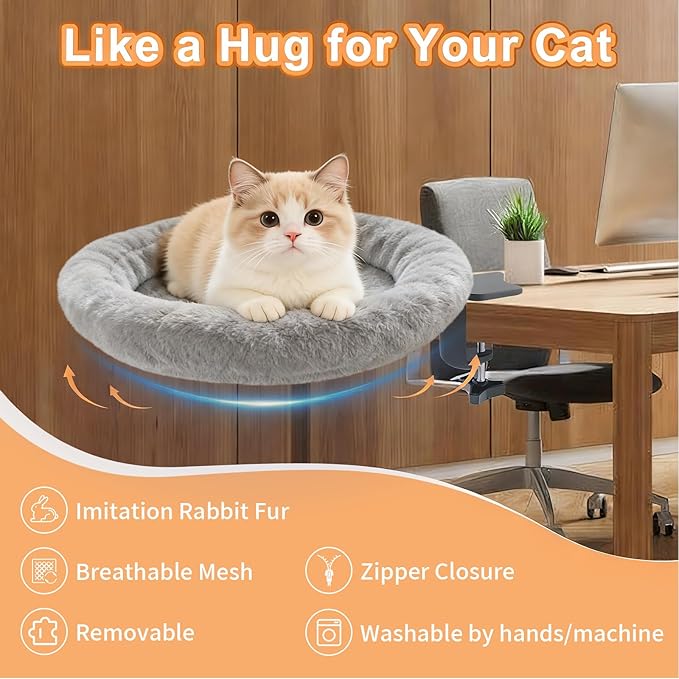 Cat Desk Bed - Ergonomic cat Desk Perch Clamp for Remote Workers - Quality Desktop Suspended Cat's Bed- Rotating Cats Hammock Desk with Removable Cover, Cat Bed Hold UP to 50LBS, Gray
