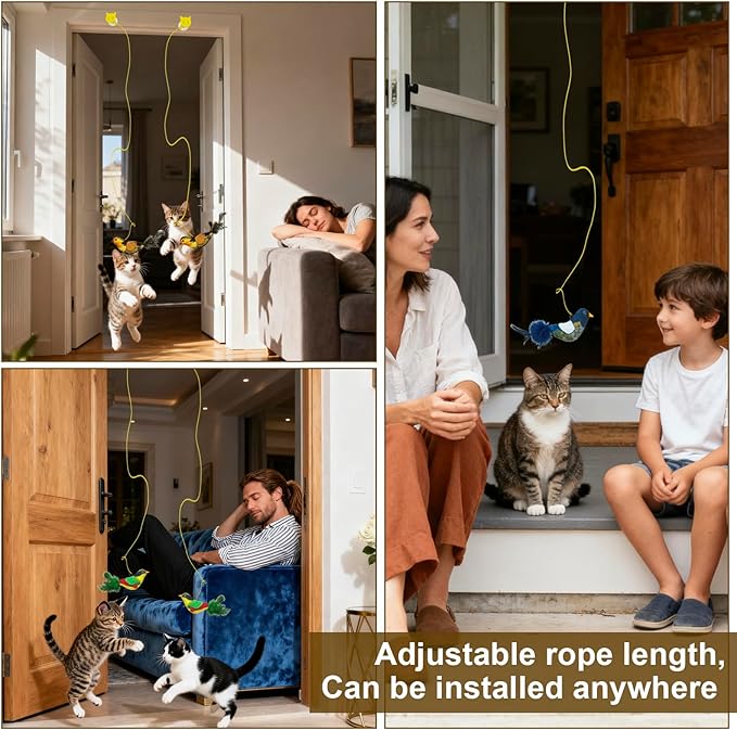 Battery-Free Flying Bird Cat Toy for Indoor Cats,Physically Generates Realistic Chirps, with Suction Cup Adhesive Strips & Lanyard (Green)
