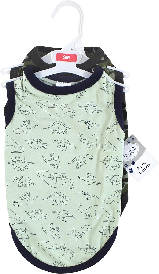 Luvable Friends Dog Pet Dog and Cats Cotton T-Shirts 2pk, Dino Camo, Large