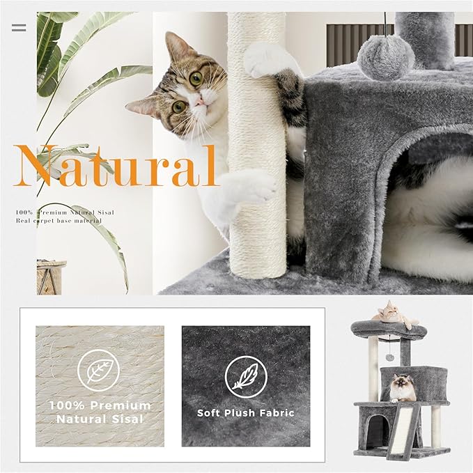 PAWZ Road 34 Inches Cat Tree Multilevel Cat Tower with Double Condos, Spacious Perch, Fully Wrapped Scratching Sisal Post and Replaceable Dangling Balls Gray