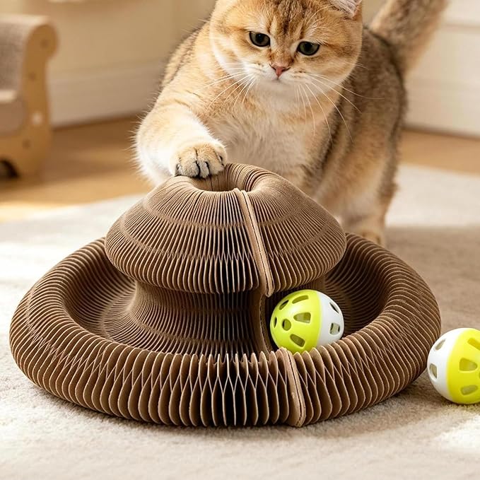 Magic Organ Cat Scratcher, Foldable Accordion Scratching Board with Bell Ball, Interactive Pizza Style Cardboard Scratch Pad, Reversible Toy for Indoor Cats
