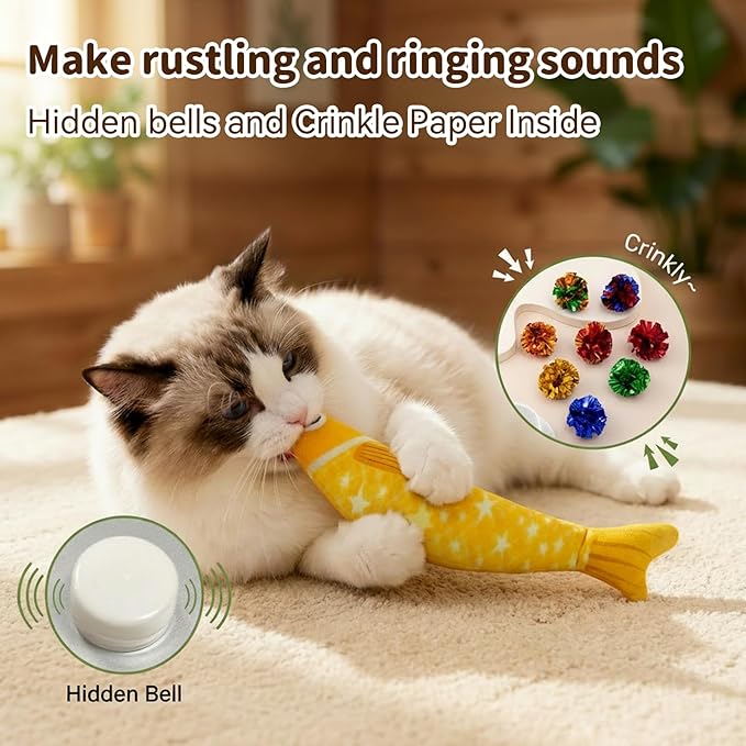 Cat Toys with 5000mg A+Natural Catnip & Bell, Interactive Soft Chew Kicker Cat Toys for Indoor Cats & Kittens, [Crinkle &Bell] Fish Sound Toy, 2 Pack Fish Cat Toys Yellow Purple