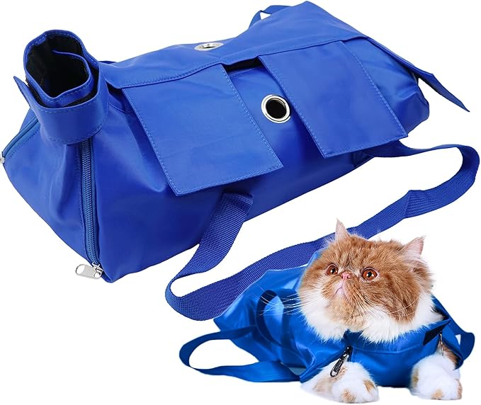 Cat’s Restraint Bag for Claw Care Nail Trimming Anti-Scratching Grooming Bag for Cats Medical Examination(Blue-m)