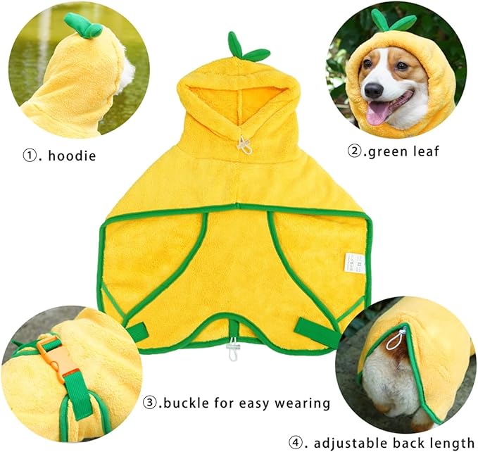 Pet Bathrobe for Dog Cat Absorbently Quick Drying Coat Cute Dogs Bath Towel Hooded Robe Adjustable Collar & Belly Strap for Pool Beach (Yellow, Medium)
