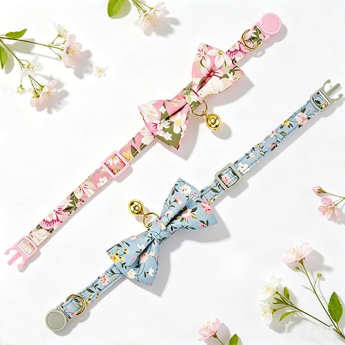 2 Pack Floral Bow Tie Cat Collars with Bell, Adjustable Soft Cotton Cute Kitten Collars with Safety Breakaway Buckle for Cats & Small Dogs(Fl Blue+Pink)