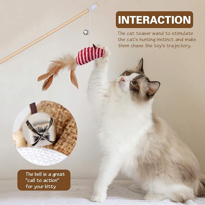 3-Pack Cat Wand Toys, 16-Inch Natural Wooden Teaser Wand with 5 Silvervine Sticks, Interactive Feather Wand for Indoor Cats