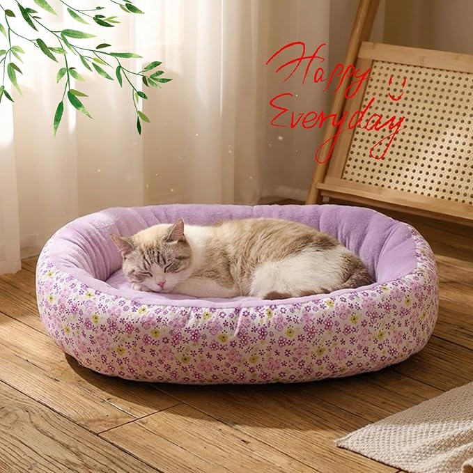 Floral Print Cat Beds for Indoor Cats Cozy Plush Fabric, Supportive Raised Sides, Non-Slip Bottom Washable Mat for Small Medium Pet Puppy Dog (Purple,Small)